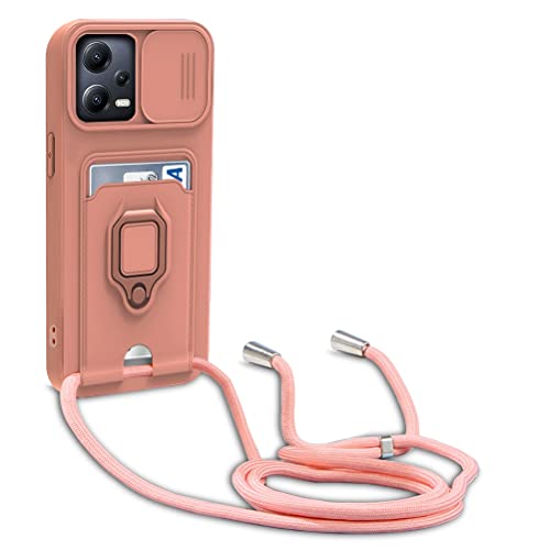 yanasuo Schiebe Kameraschutz Silikon Handykette Hülle kompatibel mit Xiaomi Poco X5 5G/Redmi Note 12 5G, Metall Ring Halter Handy Cover,Verstellbarer Halskette Handyhülle-Pink von yanasuo