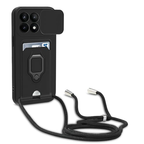 yanasuo Schiebe Kameraschutz Silikon Handykette Hülle kompatibel mit ‎Xiaomi Poco X6 Pro 5G/Redmi K70E 5G, Metall Ring Halter Handy Cover,Verstellbarer Halskette Handyhülle-Schwarz von yanasuo