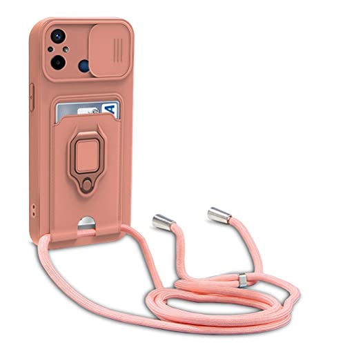 yanasuo Schiebe Kameraschutz Silikon Handykette Hülle kompatibel mit Xiaomi Redmi 12C / Redmi 11A, Metall Ring Halter Handy Cover,Verstellbarer Halskette Handyhülle-Pink von yanasuo