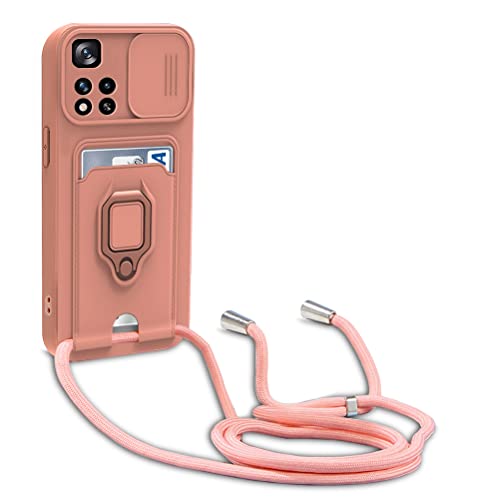 yanasuo Schiebe Kameraschutz Silikon Handykette Hülle kompatibel mit Xiaomi Redmi Note 11 Pro+ 5G/Note 11 Pro Plus, Metall Ring Halter Handy Cover,Verstellbarer Halskette Handyhülle-Pink von yanasuo