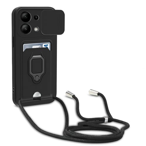 yanasuo Schiebe Kameraschutz Silikon Handykette Hülle kompatibel mit Xiaomi Redmi Note 13 4G, Metall Ring Halter Handy Cover,Verstellbarer Halskette Handyhülle-Schwarz von yanasuo