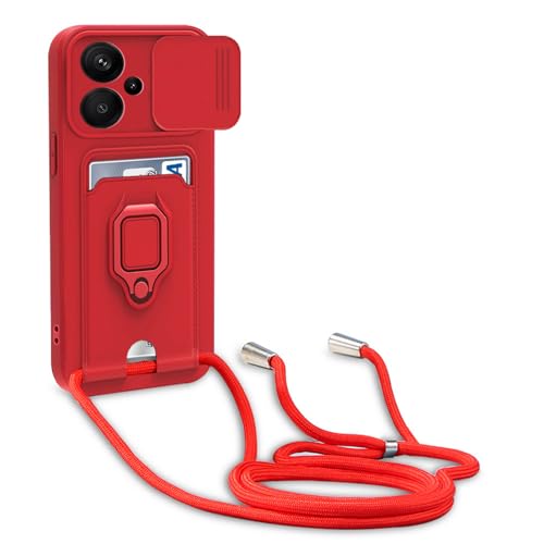 yanasuo Schiebe Kameraschutz Silikon Handykette Hülle kompatibel mit Xiaomi Redmi Note 13 Pro Plus 5G/Pro+ 5G (6.67"), Metall Ring Halter Handy Cover,Verstellbarer Halskette Handyhülle-Rot von yanasuo