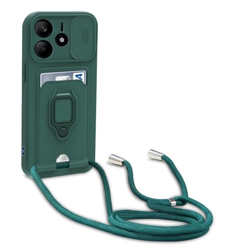 yanasuo Schiebe Kameraschutz Silikon Handykette Hülle kompatibel mit Xiaomi Redmi Note 14 4G, Metall Ring Halter Handy Cover,Verstellbarer Halskette Handyhülle-Dunkel Grün von yanasuo