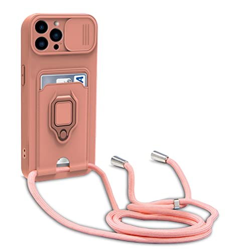 yanasuo Schiebe Kameraschutz Silikon Handykette Hülle kompatibel mit iPhone 13 Pro, Metall Ring Halter Handy Cover,Verstellbarer Halskette Handyhülle-Pink von yanasuo