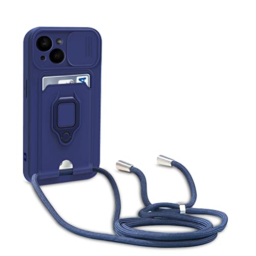 yanasuo Schiebe Kameraschutz Silikon Handykette Hülle kompatibel mit iPhone 14, Metall Ring Halter Handy Cover,Verstellbarer Halskette Handyhülle-Blau von yanasuo