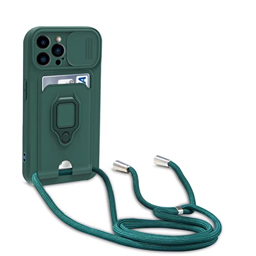 yanasuo Schiebe Kameraschutz Silikon Handykette Hülle kompatibel mit iPhone 14 Pro, Metall Ring Halter Handy Cover,Verstellbarer Halskette Handyhülle-Dunkel Grün von yanasuo