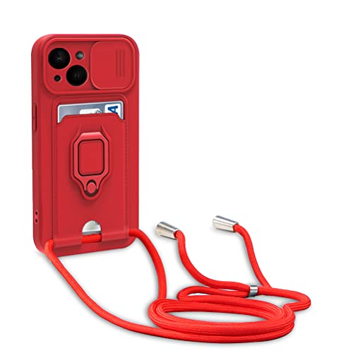 yanasuo Schiebe Kameraschutz Silikon Handykette Hülle kompatibel mit iPhone 15, Metall Ring Halter Handy Cover,Verstellbarer Halskette Handyhülle-Rot von yanasuo