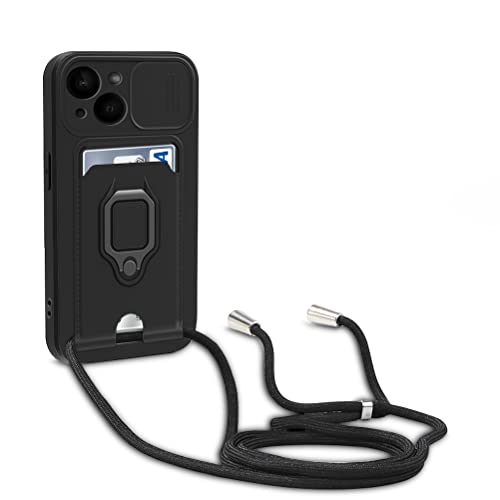 yanasuo Schiebe Kameraschutz Silikon Handykette Hülle kompatibel mit iPhone 15, Metall Ring Halter Handy Cover,Verstellbarer Halskette Handyhülle-Schwarz von yanasuo