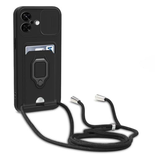yanasuo Schiebe Kameraschutz Silikon Handykette Hülle kompatibel mit iPhone 16, Metall Ring Halter Handy Cover,Verstellbarer Halskette Handyhülle-Schwarz von yanasuo