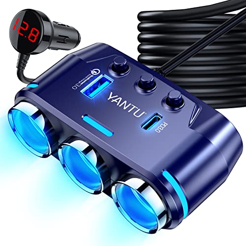 YANTU Zigarettenanzünder-Adapter, 3 Steckdosen, mit Spannungsanzeige, LED, Kfz-Ladegerät, Dual USB, Ein/Aus-Schalter, 12 V, Adapter, Auto-Splitter, Dashcam (blau) von yantu