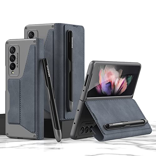 yanzi Kompatibel mit Samsung Galaxy Z Fold 3-5G Hülle(2021)+3D Panzerfolie[Ultra Dünne]-[Kartenfach]-[Stoßfeste] Leder Schutzhülle Handyhülle für Samsung Galaxy Z Fold 3-Blau von yanzi