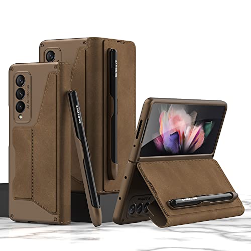 yanzi Kompatibel mit Samsung Galaxy Z Fold 3-5G Hülle(2021)+3D Panzerfolie[Ultra Dünne]-[Kartenfach]-[Stoßfeste] Leder Schutzhülle Handyhülle für Samsung Galaxy Z Fold 3-Braun von yanzi