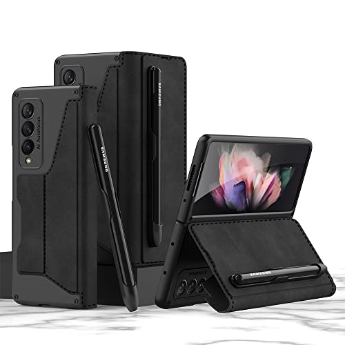 yanzi Kompatibel mit Samsung Galaxy Z Fold 3-5G Hülle(2021)+3D Panzerfolie[Ultra Dünne]-[Kartenfach]-[Stoßfeste] Leder Schutzhülle Handyhülle für Samsung Galaxy Z Fold 3-Schwarz von yanzi