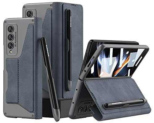 yanzi Kompatibel mit Samsung Galaxy Z Fold 4-5G Hülle(2022)+3D Panzerfolie[Ultra Dünne]-[Kartenfach]-[Stoßfeste] Leder Schutzhülle Handyhülle für Samsung Galaxy Z Fold 4-Blau von yanzi