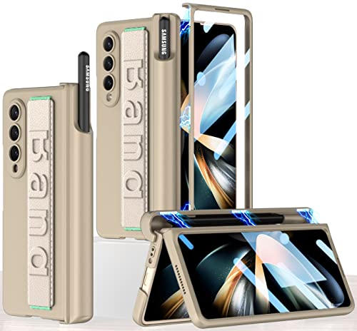 yanzi Kompatibel mit Samsung Galaxy Z Fold 4-5G Hülle(2022)+9H Panzerfolie[S-Stifthalter]-[Ständer]-[Stoßfeste] Magnetisch All-Inclusive Schutzhülle Handyhülle für Galaxy Z Fold 4-Gold von yanzi