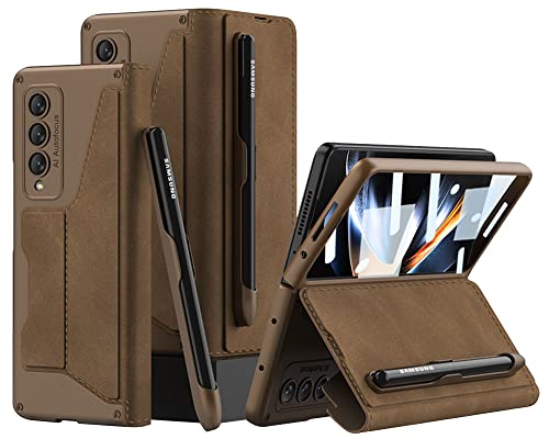 yanzi Kompatibel mit Samsung Galaxy Z Fold 4-5G Hülle(2022)+3D Panzerfolie[Ultra Dünne]-[Kartenfach]-[Stoßfeste] Leder Schutzhülle Handyhülle für Samsung Galaxy Z Fold 4-Braun von yanzi