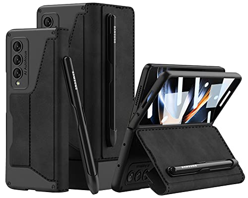 yanzi Kompatibel mit Samsung Galaxy Z Fold 4-5G Hülle(2022)+9H Panzerfolie[Ultra Dünne]-[Kartenfach]-[Stoßfeste] Leder Schutzhülle Handyhülle für Samsung Galaxy Z Fold 4-Schwarz von yanzi