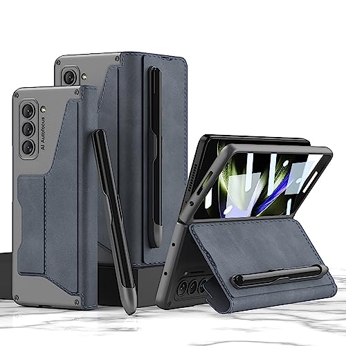 yanzi Kompatibel mit Samsung Galaxy Z Fold 5-5G Hülle(2023)+3D Panzerfolie[Ultra Dünne]-[Kartenfach]-[Stoßfeste] Leder Schutzhülle Handyhülle für Samsung Galaxy Z Fold 5-Blau von yanzi