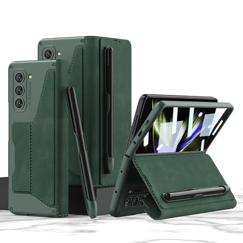yanzi Kompatibel mit Samsung Galaxy Z Fold 5-5G Hülle(2023)+3D Panzerfolie[Ultra Dünne]-[Kartenfach]-[Stoßfeste] Leder Schutzhülle Handyhülle für Samsung Galaxy Z Fold 5-Grün von yanzi