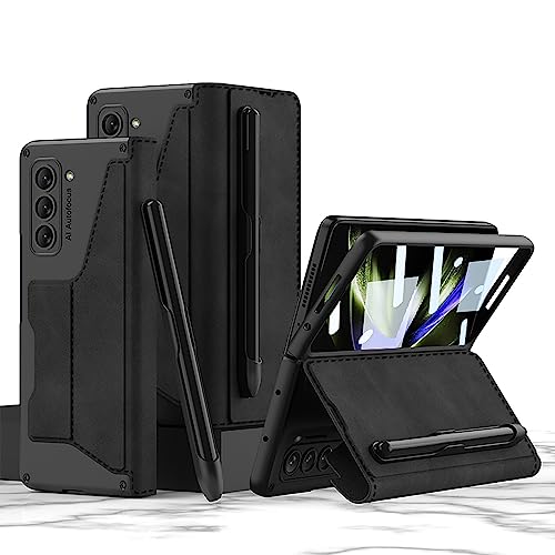 yanzi Kompatibel mit Samsung Galaxy Z Fold 5-5G Hülle(2023)+3D Panzerfolie[Ultra Dünne]-[Kartenfach]-[Stoßfeste] Leder Schutzhülle Handyhülle für Samsung Galaxy Z Fold 5-Schwarz von yanzi