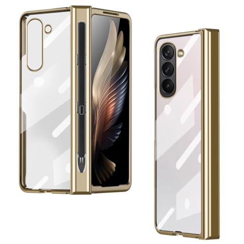 yanzi Kompatibel mit Samsung Galaxy Z Fold 5-5G Hülle(2023)+3D Panzerfolie[Ultra Dünne]-[S-Stifthalter]-[Stoßfeste] Hart PC Schutzhülle Handyhülle-Transparent+Gold von yanzi