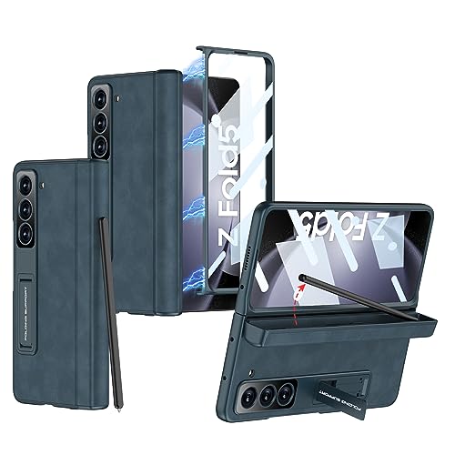yanzi Kompatibel mit Samsung Galaxy Z Fold 5-5G Smartphone Hülle(2023)+3D Panzerfolie[S-Stifthalter]-[Militär-Stoßfeste] Magnetisch Kratzfest Leder Schutzhülle Handyhülle für Galaxy Z Fold 5-Grün von yanzi