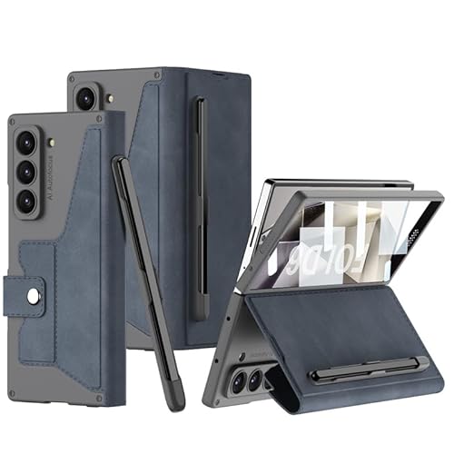 yanzi Kompatibel mit Samsung Galaxy Z Fold 6-5G Hülle(2024)+3D Panzerfolie[Ultra Dünne]-[Kartenfach]-[Stoßfeste] Leder Schutzhülle Handyhülle für Samsung Galaxy Z Fold 6-Blau von yanzi