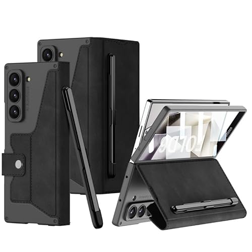 yanzi Kompatibel mit Samsung Galaxy Z Fold 6-5G Hülle(2024)+3D Panzerfolie[Ultra Dünne]-[Kartenfach]-[Stoßfeste] Leder Schutzhülle Handyhülle für Samsung Galaxy Z Fold 6-Schwarz von yanzi