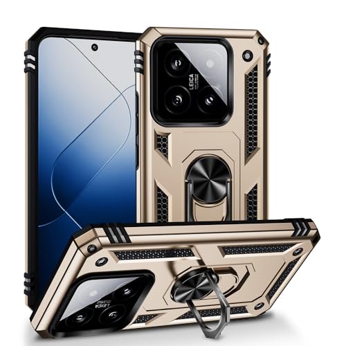 yanzi Kompatibel mit XiaoMi 14 Smartphone Hülle(Gold)+3D Displayschutzfolie[Militär-Stoßfeste]-[Ständer] Schutzhülle Rugged Kratzfest Bumper Handyhülle für XiaoMi 14-2023 von yanzi