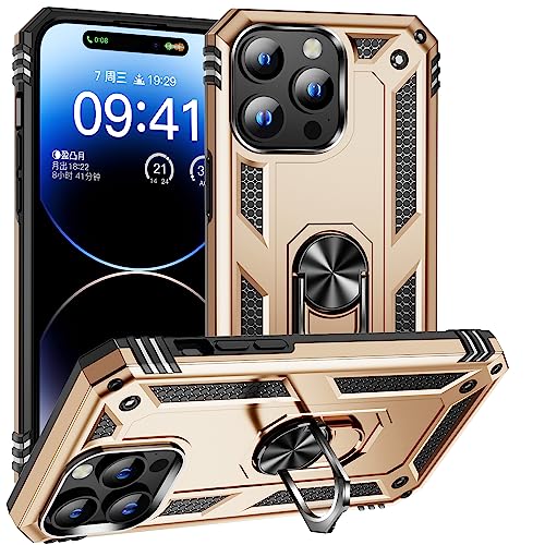 yanzi Kompatibel mit iPhone 15Pro Max Smartphone Hülle(Gold)+3D Panzerfolie[Militär-Stoßfeste]-[Ständer] Schutzhülle Rugged Kratzfest Bumper Handyhülle für iPhone 15Pro Max-2023 von yanzi