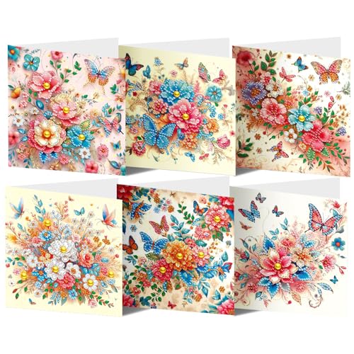 ycyingcheng Diamant Malerei Grußkarte, DIY Diamant Kit Geburtstag Schmetterling Blume Fee Grußkarte, Diamant Malerei Strass Kits für Weihnachten Muttertag, 6PCS (Flower C) von ycyingcheng