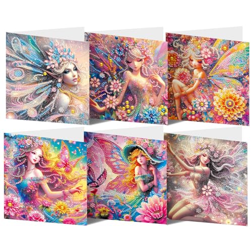 ycyingcheng Diamant Malerei Grußkarte, DIY Diamant Kit Geburtstag Schmetterling Blume Fee Grußkarte, Diamant Malerei Strass Kits für Weihnachten Muttertag, 6PCS (Flower Fairy 01) von ycyingcheng