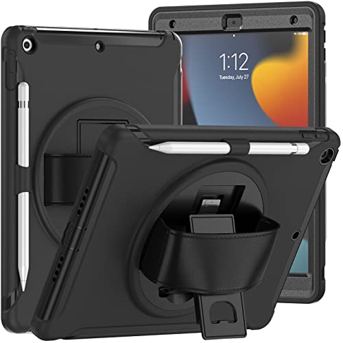 Amazon-Marke: Yeliot Schutzhülle für iPad 10,2 Zoll 2021/2020/2019 9. / 8. / 7. Generation, robust, stoßfest, mit Stifthalterung, 360° drehbarer Ständer/Handschlaufe, vollständiger Schutz von yeliot