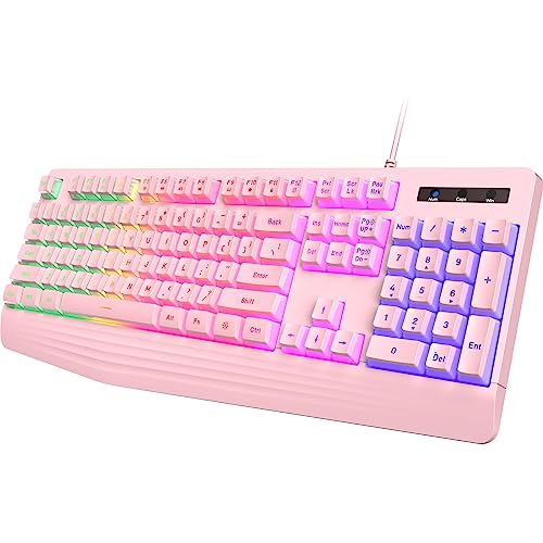 yesbeaut Pinke Gaming-Tastatur, Regenbogen-LED-Hintergrundbeleuchtung, 104 Tasten, leise, beleuchtete, cremige Tastatur mit Handballenauflage, PBT-Tastenkappe, Anti-Ghosting, wasserdicht, von yesbeaut