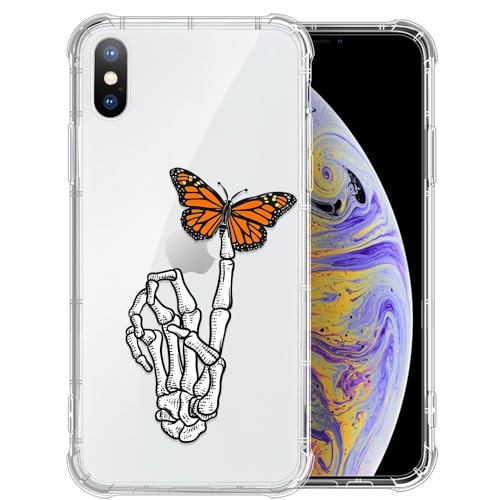Schutzhülle für iPhone Xs, transparent, Skelett-Hand, Schmetterling, für Mädchen und Jungen, stoßfest mit TPU-Silikon-Stoßfängern, kratzfest, für Apple iPhone X/Xs von yicomon