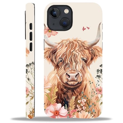 yicomon Kompatibel mit iPhone 13/iPhone 14 Hülle, niedliches Hochlandrind Blumen Muster Druck Matte Handyhülle Langlebig Mode Lustig Flüssigsilikon Hülle Weiche Anti-Kratzer Stoßfest Schutzhülle von yicomon