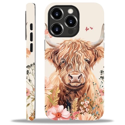 yicomon Kompatibel mit iPhone 13 Pro Hülle, süßes Hochlandkuh Blumen Muster Druck Matte Handyhülle Langlebig Mode Lustig Flüssigsilikon Hülle Weiche Anti-Kratzer Stoßfest Schutzhülle von yicomon
