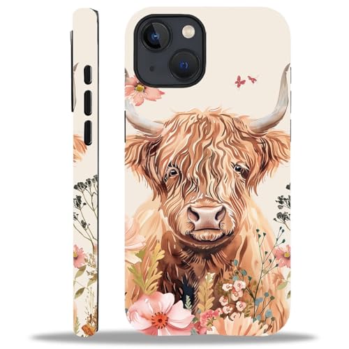 yicomon Kompatibel mit iPhone 15 Hülle, süßes Hochlandkuh Blumen Muster Druck Matte Handyhülle Langlebig Mode Lustig Flüssigsilikon Hülle Weiche Anti-Kratzer Stoßfest Schutzhülle von yicomon