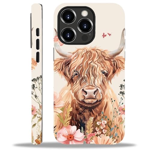 yicomon Kompatibel mit iPhone 15 Pro Max Hülle, süßes Hochlandkuh Blumen Muster Druck Matte Handyhülle Langlebig Mode Lustig Liquid Silikon Hülle Weiche Anti-Kratzer Stoßfest Schutzhülle von yicomon
