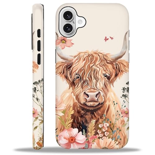 yicomon Kompatibel mit iPhone 16 Hülle, niedliches Hochlandrind Blumen Muster Druck Matte Handyhülle Langlebig Mode Lustig Flüssigsilikon Hülle Weiche Anti-Kratzer Stoßfest Schutzhülle von yicomon