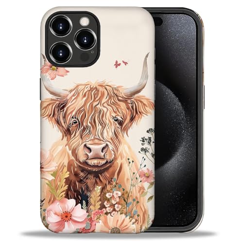yicomon Kompatibel mit iPhone 16 Pro Hülle, süßes Hochlandkuh Blumen Muster Druck Matte Handyhülle Langlebig Mode Lustig Flüssigsilikon Hülle Weiche Anti-Kratzer Stoßfest Schutzhülle von yicomon