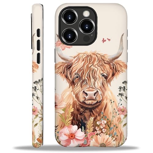 yicomon Kompatibel mit iPhone 16 Pro Max, süßes Hochlandkuh mit Blumenmuster, matt, langlebig, modisch, lustig, Flüssigsilikon, weich, kratzfest, stoßfest, Schutzhülle von yicomon