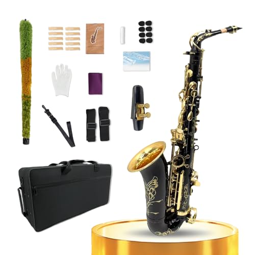 Yinfente Eb flaches Saxophon mit 10 Blättern, 8 Pads, Hartschalenkoffer und mehr, für Studenten, Anfänger, Erwachsene, Altsaxophon, Saxophon-Set (Schwarz-Gold) von yinfente