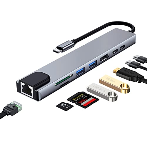 USB C HUB Multiport Dockingstation, kompatibel mit USB C Laptops oder anderen Typ C Geräten, 8 in 1 Port inklusive SD/TF Kartenleser, 4K HDMI, USB 3.0, 80W PD Schnellladung, Ethernet RJ45 von yoerm