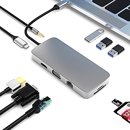 USB C Hub 10 in 1 Dockingstation, mit SD/TF Kartenanschluss, HDMI 4K Port, USB A 3.0 / USB A 2.0 Port, USB C (Typ c) Port, Ethernet RJ45 Port, VGA Port, Audio 3.5 Port von yoerm