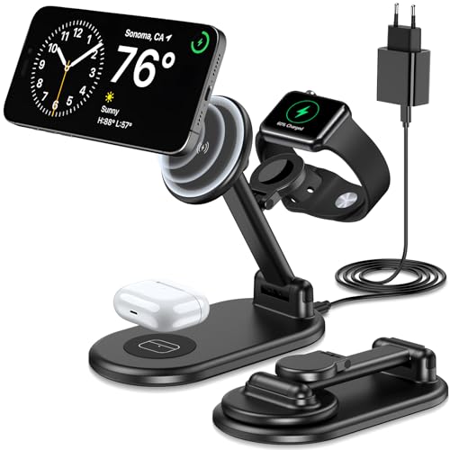 3 in 1 Mag-Safe Magnetisches Ladegerät für iPhone 15 14 13 12 Pro Max/Pro/Mini/Plus, Faltbare Ladestation für Apple Watch Ultra 9 8 7 6 SE 5 4 3, Wireless Charger for Air Pods -mit 20W USB C Ladegerät von yootech