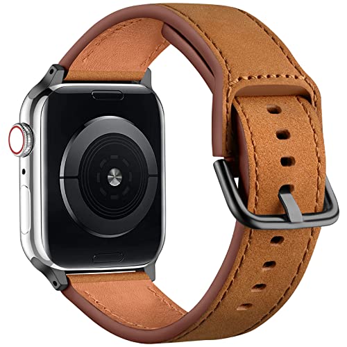 youmaofa Lederarmband Kompatibel mit Apple Watch Armband 40mm 38mm 41mm, Premium-Textur Echtleder Ersatzarmband für Damen Herren, iWatch SE/Series 8 7 6 5 4 3 2 1, 38mm/40mm/41mm, Gelb Braun/Schwarz von youmaofa