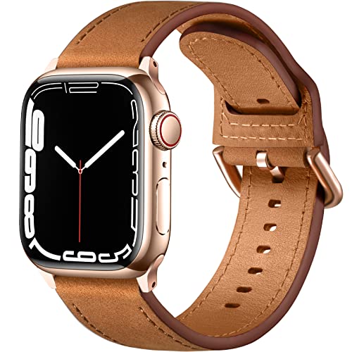 youmaofa Lederarmband Kompatibel mit Apple Watch Armband 44mm 45mm 42mm 49mm, Premium-Textur Echtleder Ersatzarmband für Damen Herren, für iWatch SE/Series 8 7 6 5 4 3 2 1, Gelb Braun/Roségold von youmaofa