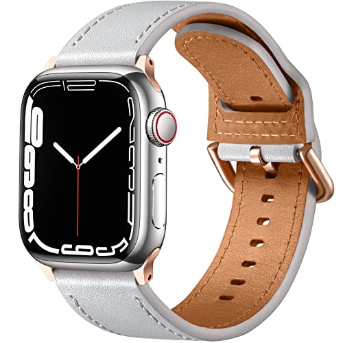 youmaofa Lederarmband Kompatibel mit Apple Watch Armband 44mm 45mm 42mm 49mm, Premium-Textur Echtleder Ersatzarmband für Damen Herren, für iWatch SE/Series 8 7 6 5 4 3 2 1, Hellgrau/Roségold von youmaofa