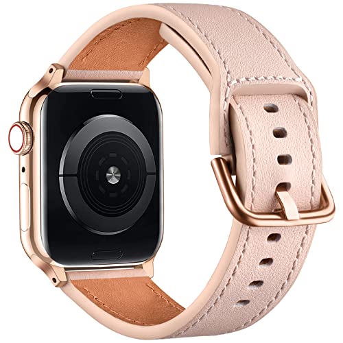 youmaofa Lederarmband Kompatibel mit Apple Watch Armband 44mm 45mm 42mm 49mm, Premium-Textur Echtleder Ersatzarmband für Damen Herren, für iWatch SE/Series 8 7 6 5 4 3 2 1, Rosa/Roségold von youmaofa